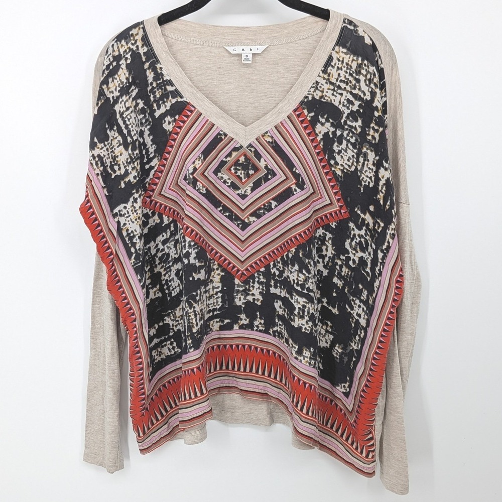 Cabi Top Women Small Tan Geometric Silk Front V Neck Mixed Media Boho Blouse 768